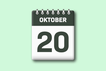 20. Oktober - Die Kalender Illustration zeigt ein Kalenderblatt auf gr?nem Hintergrund. Zwanzigster Tag vom Monat Oktober