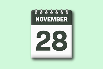 28. November - Die Kalender Illustration zeigt ein Kalenderblatt auf gr?nem Hintergrund. Achtundzwanzigster Tag vom Monat November