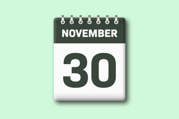 30. November - Die Kalender Illustration zeigt ein Kalenderblatt auf gr?nem Hintergrund. Drei?igster Tag vom Monat November