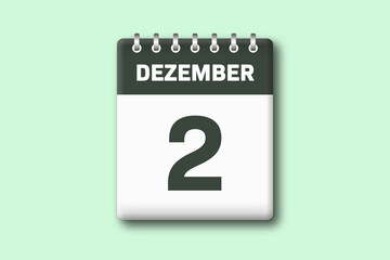 2. Dezember - Die Kalender Illustration zeigt ein Kalenderblatt auf gr?nem Hintergrund. Zweiter Tag vom Monat Dezember