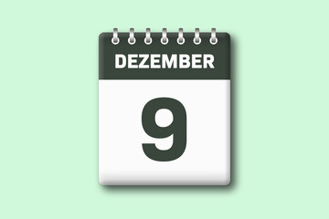 9. Dezember - Die Kalender Illustration zeigt ein Kalenderblatt auf gr?nem Hintergrund. Neunter Tag vom Monat Dezember