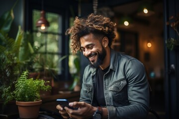 Cheerful curly young indian man chatting with girlfriend while relaxing in armchair at home