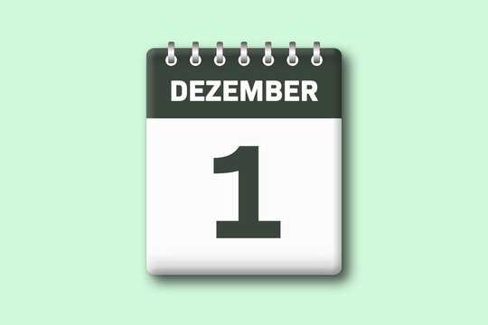 1. Dezember - Die Kalender Illustration zeigt ein Kalenderblatt auf gr?nem Hintergrund. Erster Tag vom Monat Dezember