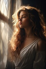 Beautiful Girl Beside Window with Light Rays - Sunlit Portrait Photography