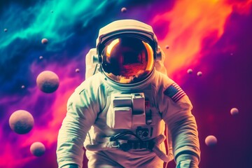 Cosmonaut or astronaut in rainbow colors. Background with selective focus and copy space. AI generated, human enhanced