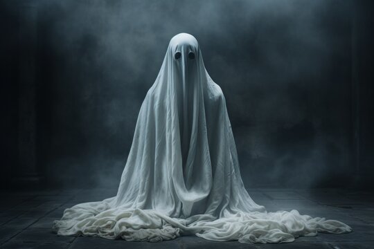 White sheet ghost costume. Ghost Challenge. Halloween concept. Background with selective focus and copy space