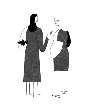 Woman in Hijab and Pregnant Woman Talking -  Black and White