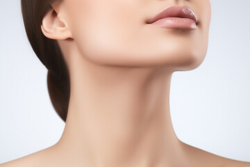 Obraz na płótnie Canvas Close-up of a Young Woman Neck and Chin on White Background, Skincare, Aesthetic Cosmetology, Plastic Surgery and Spa Beauty Procedure