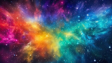 Colorful rainbow cosmic universe with stunning galaxy, stardust, nebula and shining stars in space background. Digital art. AI illustration for artwork, party flyers, posters, banners, brochures..