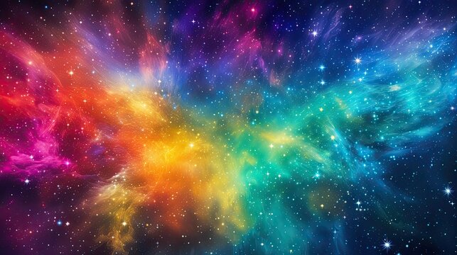 Colorful rainbow cosmic universe with stunning galaxy, stardust, nebula and shining stars in space background. Digital art. AI illustration for artwork, party flyers, posters, banners, brochures..