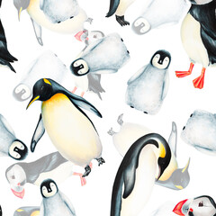 Watercolor seamless pattern with king penguins family and puffin bird isolated. Hand painting realistic Arctic and Antarctic ocean mammals. For designers, decoration, postcards, wrapping paper, s