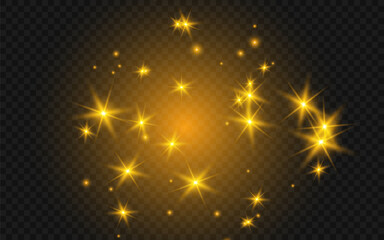 The dust sparks and golden stars shine with special light. Vector sparkles on a transparent background. Christmas light effect. Sparkling magical dust particles.