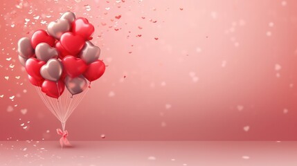 holiday background with heart shaped balloons on pink background. love and celebration. valentine's day card balloons with red heart. Generative AI 