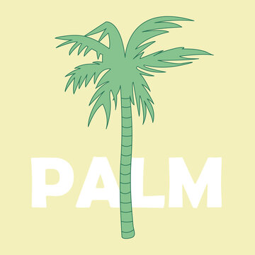 Green palm tree silhouette with text. Contour tropical tree on a yellow background. Palm leaves. Exotic beach plant. Botany. Vector illustration.