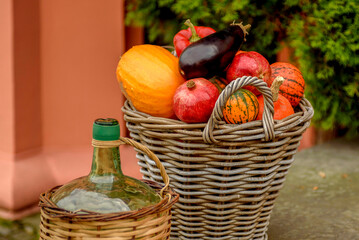 Big basket with autumn vegetables. Halloween decoration.