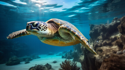 Fototapeta premium A large sea turtle swimming under the sea. A turtle its natural habitat. 