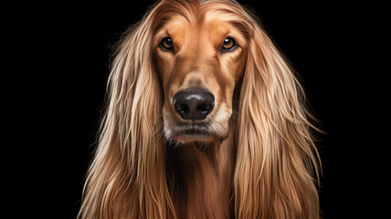 Portrait of a beautiful Afghan Hound. Pedigree. A domesticated dog with long hair.