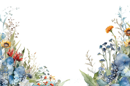 captivating watercolor border frame with different flowers and plants  isolated against transparent background