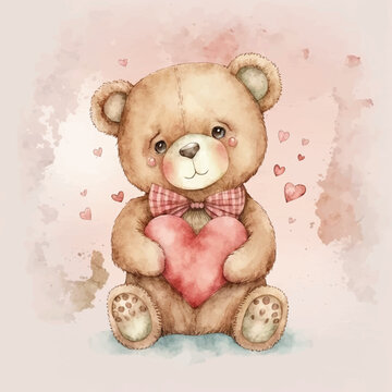 Cutevalentine's day watercolor paint lonley teddy bear