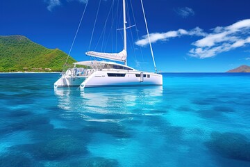 White catamaran on azure water against blue sky, Caribbean Islands or Mediterranean Sea .generative ai.