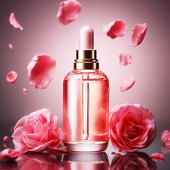 Obraz na płótnie Canvas Graceful luxury cosmetic rose face serum ad template.Face skin oil with rose extract. Realistic face moisture serum transparent bottle mock up with pipettes dispenser and liquid inside.