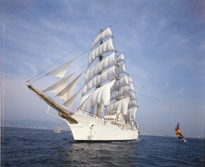 View of the Argentine frigate ara Libertad, sailing with its sails in the Mediterranean © Luis