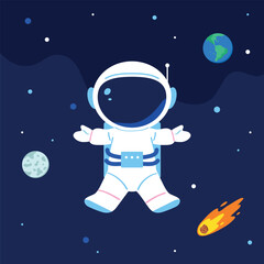 Astronaut in open space. Space exploration. Flat vector illustration.