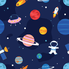 Space Seamless Pattern with Planets Solar System.Flat vector illustration on dark background.