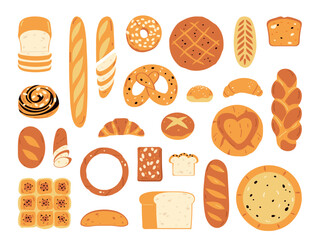 Set of bakery products and bread assortment. Flat vector illustration isolated on white background.