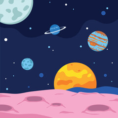 Space and planet background. Planets surface with crater. Flat Vector illustration. Space sky with planet, stars and comets.