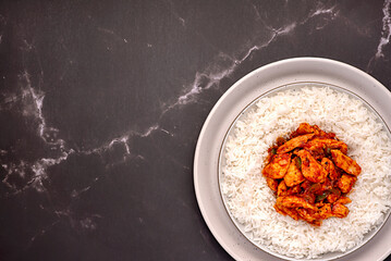 Blank food photography of rice, basmati, chicken, stew, casserole, savoury food, curry, tomato, sauce, homemade, asian, spicy, meat