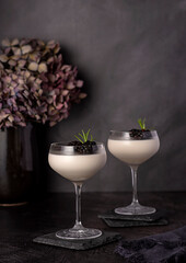 Food photography of panna cotta, vanilla, milk, cream, dessert, blackberry, fresh, sweet, homemade, glass, italian, snack