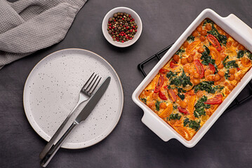 Food photography of frittata, kale, chickpeas, tomato, breakfast, omelette, Italian, egg, natural, homemade