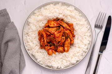 Food photography of rice, basmati, chicken, stew, casserole, savoury food, curry, tomato, sauce, homemade, asian, spicy, meat