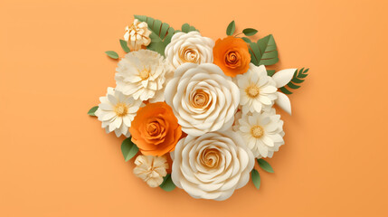 Fond de fleur en papier, origami. Fond de couleur orange, avec fleurs blanches et oranges. Motifs floral pour décoration, création graphique et conception