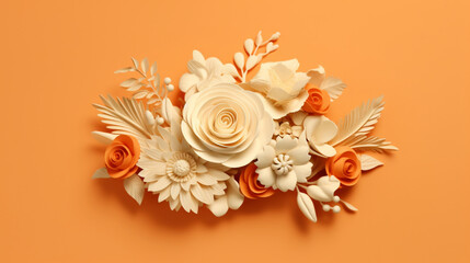Obraz na płótnie Canvas Fond de fleur en papier, origami. Fond de couleur orange, avec fleurs blanches et oranges. Motifs floral pour décoration, création graphique et conception