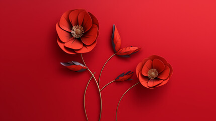 Fond de fleur en papier, origami. Fond de couleur rouge, avec fleurs rouges. Motifs floral pour décoration, création graphique et conception - obrazy, fototapety, plakaty