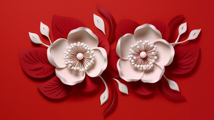 Fond de fleur en papier, origami. Fond de couleur rouge, avec fleurs blanches. Motifs floral pour décoration, création graphique et conception