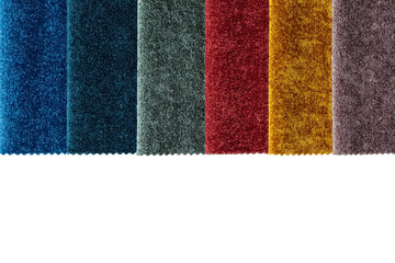 Colorful textile samples, isolated on white, transparent background, PNG. Fabric swatches, set in...