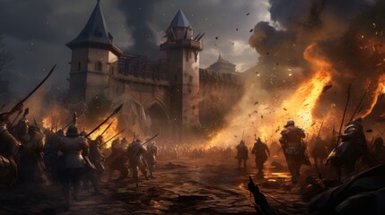 wide view of a medieval war with a castle on fire