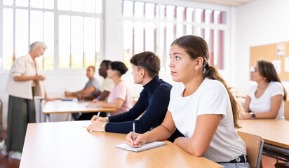 Portrait of attentive positive young female student studying on training session in lecture class