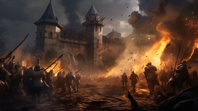 wide view of a medieval war with a castle on fire
