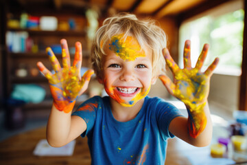 Smiling young boy with paint on his hands and face