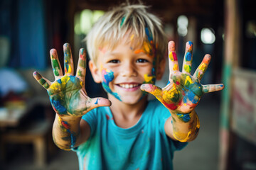 Smiling young boy with paint on his hands and face - obrazy, fototapety, plakaty