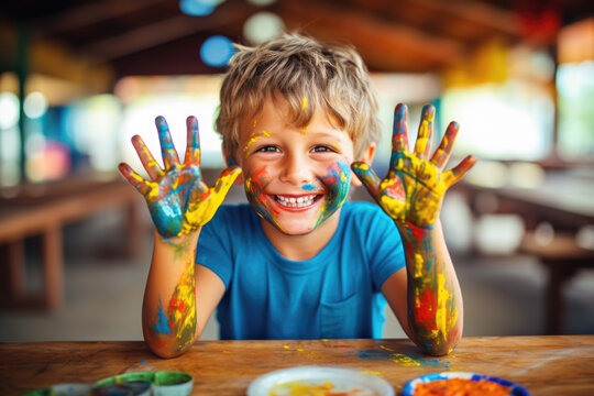 Smiling Young Boy With Paint On His Hands And Face