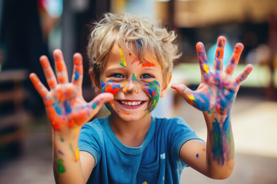 Smiling young boy with paint on his hands and face