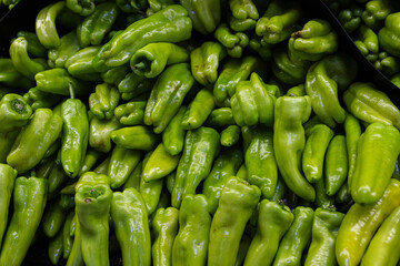 Group of green peppers background from a local market 