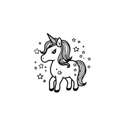 Cute cartoon unicorn. Black and white vector illustration