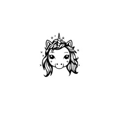 Cute cartoon unicorn. Black and white vector illustration