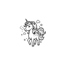 Cute cartoon unicorn. Black and white vector illustration